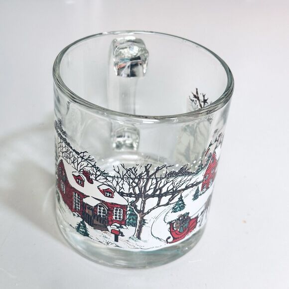 VTG Christmas Village Holiday Coffee Tea Mug Libbey Glass Horses Sleigh USA - Picture 3 of 5